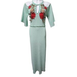 Vintage Carolina maxi dress green floral Embellished keyhole cutout bell Large